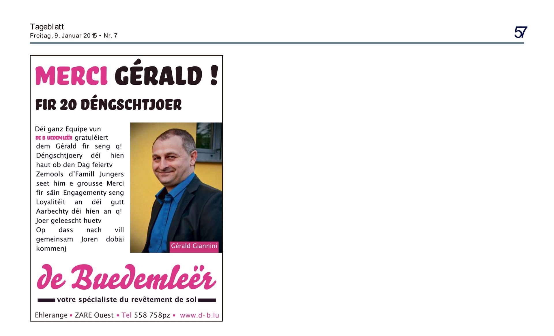 Tageblatt — Merci Gérald ! fir 20 Déngschtjoer